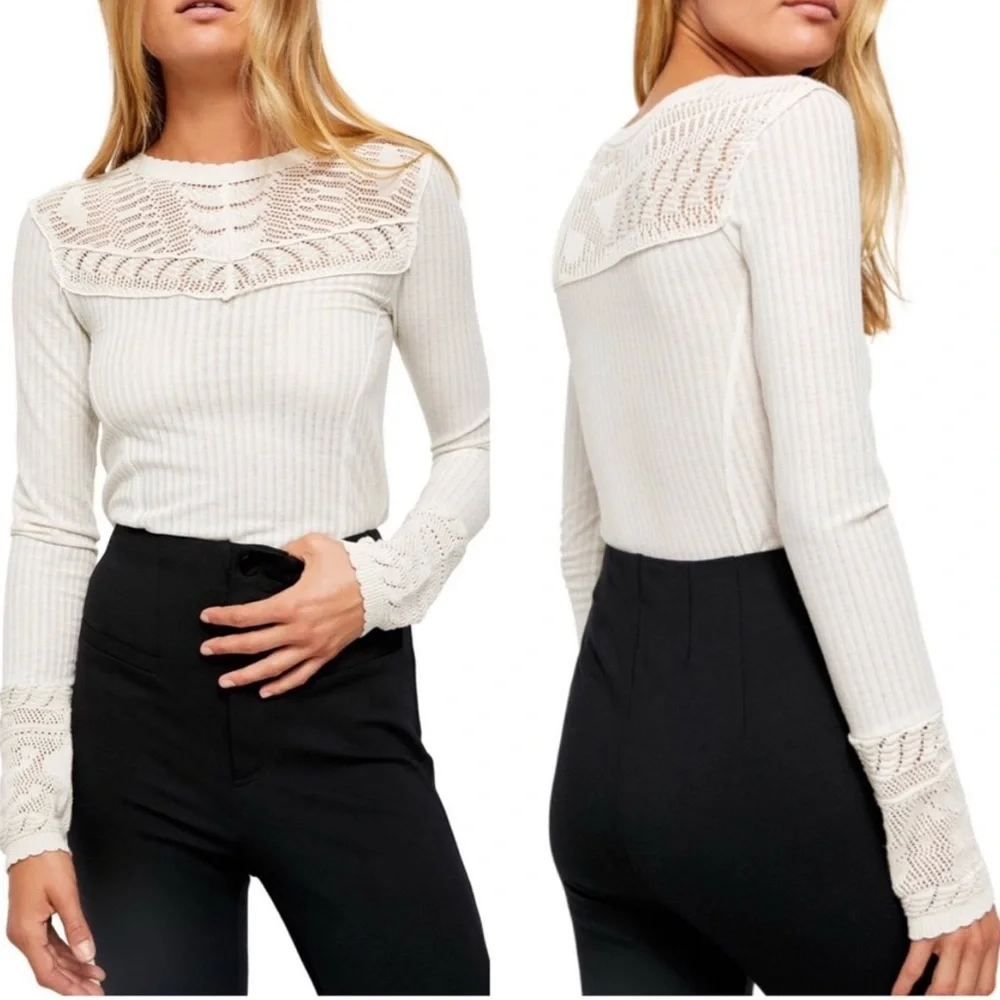 Free People Colette Lace Detail Top‎ in Neutral